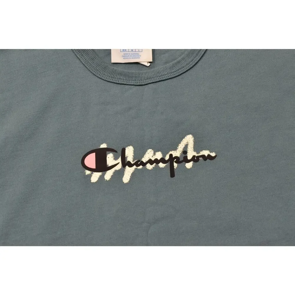 Champion Men's Medium Teal Blue Graphic Script Short Sleeve T-Shirt 100% Cotton - Picture 5 of 8